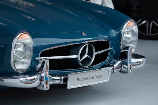 Monaco, Monte Carlo, 29 September 2022 - Classic Mercedes Benz on exhibition of exclusive cars during the yacht show, the famous motorboat exhibition in the principality. High quality photo