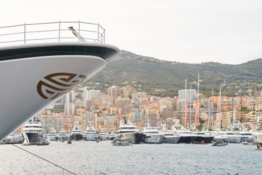 Monaco, Monte Carlo, 29 September 2022 - a lot of luxury yachts at the famous motorboat exhibition, the most expensive boats for the richest people, yacht brokers, boat traffic. High quality photo