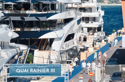 Monaco, Monte Carlo, 28 September 2022 - a lot of luxury yachts at the famous motorboat exhibition in the principality, the most expensive boats for the richest people around the world, yacht brokers. High quality photo