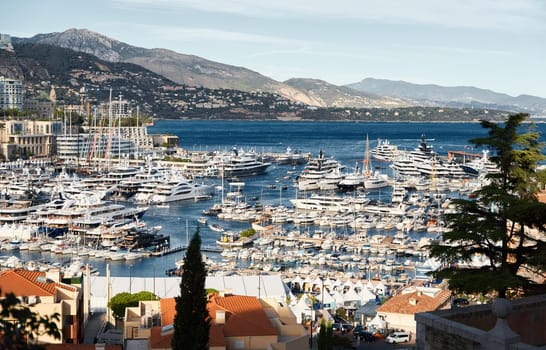 Monaco, Monte Carlo, 28 September 2022 - Top view of the famous yacht show, exhibition of luxury mega yachts, the most expensive boats for the richest people around the world, yacht brokers. High quality photo