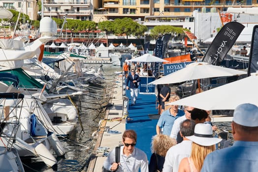 Monaco, Monte Carlo, 28 September 2022 - Top view of the famous yacht show, exhibition of luxury mega yachts, the most expensive boats for the richest people around the world, yacht brokers. High quality photo