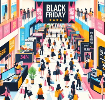 Busy shopping mall during black friday, holiday season with ornaments and decorations ai generated