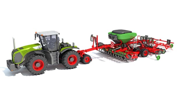 Tractor with Seed Drill farm equipment disc harrow 3D rendering model on white background