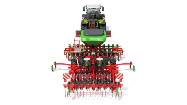 Tractor with Seed Drill farm equipment disc harrow 3D rendering model on white background