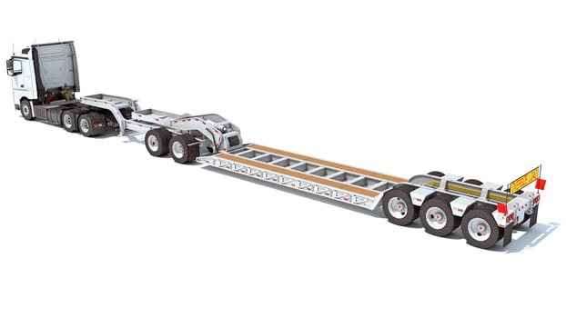 Semi Truck with Lowboy Platform Trailer 3D rendering model on white background