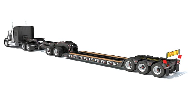 Semi Truck with Lowboy Platform Trailer 3D rendering model on white background