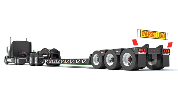 Semi Truck with Lowboy Platform Trailer 3D rendering model on white background