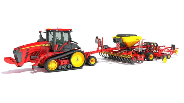 Tractor with Seed Drill farm equipment disc harrow 3D rendering model on white background