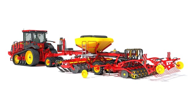 Tractor with Seed Drill farm equipment disc harrow 3D rendering model on white background