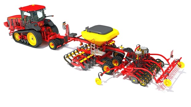 Tractor with Seed Drill farm equipment disc harrow 3D rendering model on white background