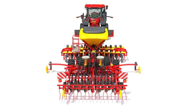 Tractor with Seed Drill farm equipment disc harrow 3D rendering model on white background