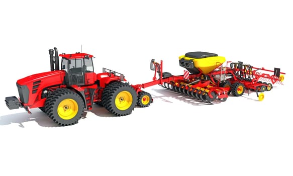 Tractor with Seed Drill farm equipment disc harrow 3D rendering model on white background