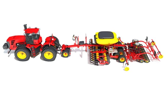 Tractor with Seed Drill farm equipment disc harrow 3D rendering model on white background