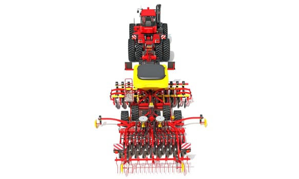 Tractor with Seed Drill farm equipment disc harrow 3D rendering model on white background