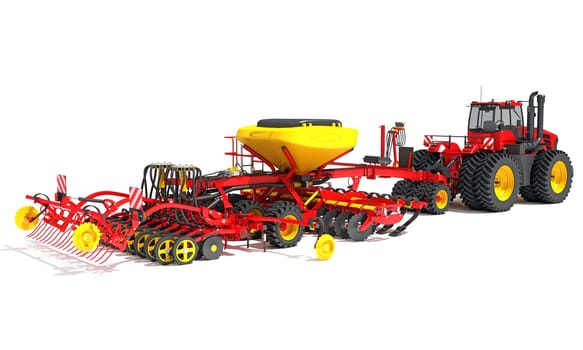 Tractor with Seed Drill farm equipment disc harrow 3D rendering model on white background