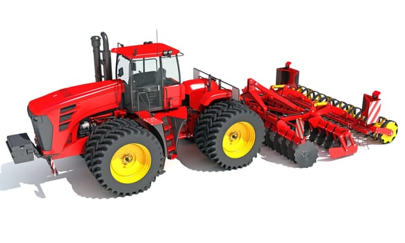 Tractor with Seed Drill farm equipment disc harrow 3D rendering model on white background