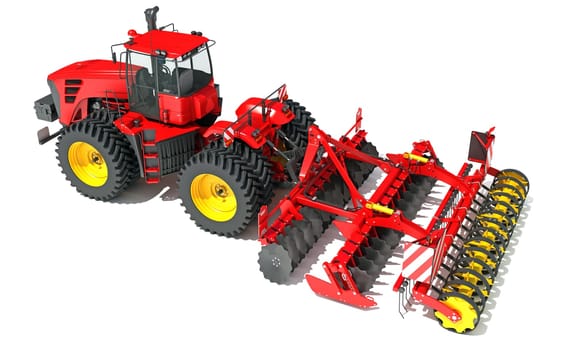 Tractor with Seed Drill farm equipment disc harrow 3D rendering model on white background