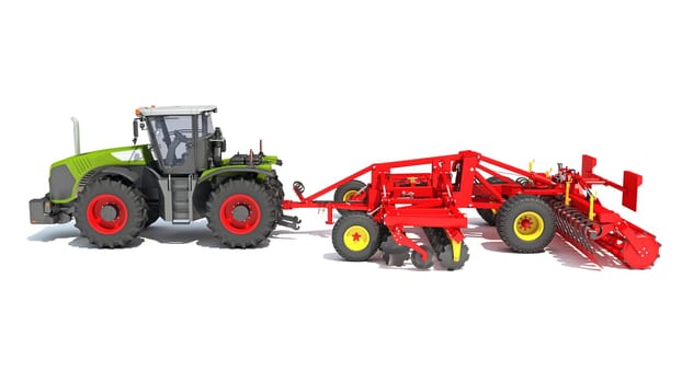 Tractor with Seed Drill farm equipment disc harrow 3D rendering model on white background