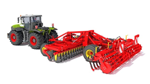 Tractor with Seed Drill farm equipment disc harrow 3D rendering model on white background