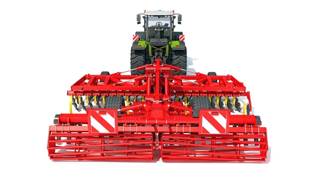 Tractor with Seed Drill farm equipment disc harrow 3D rendering model on white background