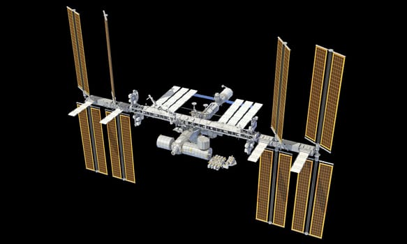 International Space Station ISS 3D rendering model on black background