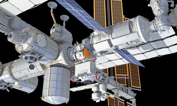 International Space Station ISS 3D rendering model on black background