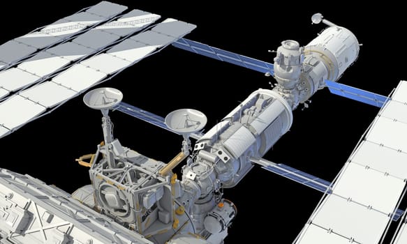 International Space Station ISS 3D rendering model on black background