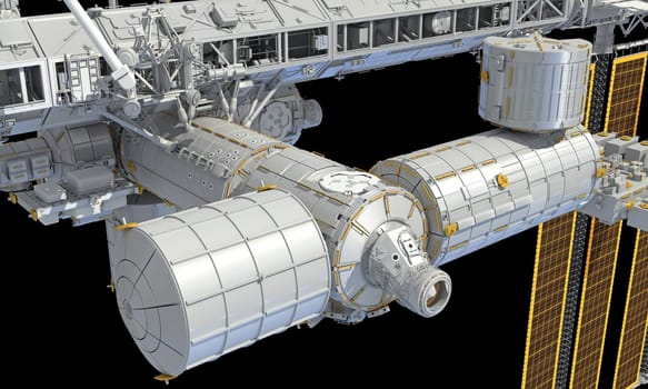 International Space Station ISS 3D rendering model on black background