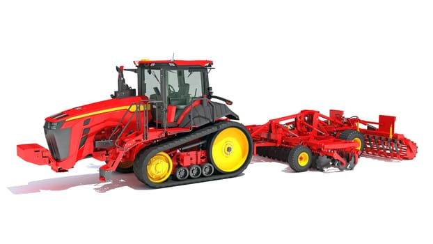 Tractor with Seed Drill farm equipment disc harrow 3D rendering model on white background