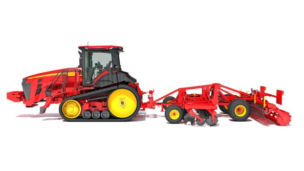 Tractor with Seed Drill farm equipment disc harrow 3D rendering model on white background