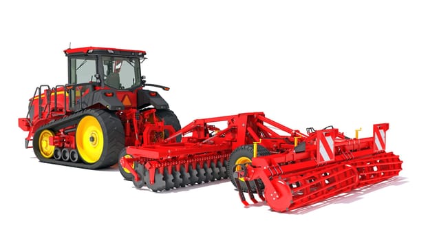 Tractor with Seed Drill farm equipment disc harrow 3D rendering model on white background