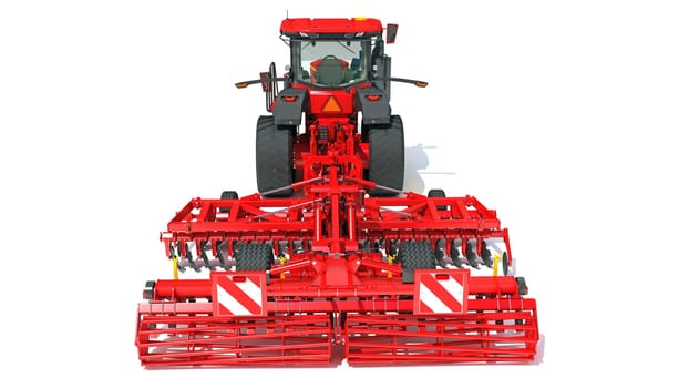 Tractor with Seed Drill farm equipment disc harrow 3D rendering model on white background