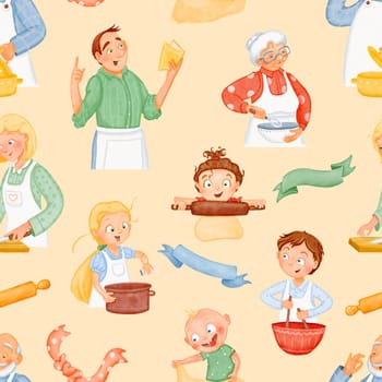 Friendly family. Seamless pattern. Adult children cook lunch with their parents. Watercolor isolated illustrations. men, women, grandmother, grandfather. beige background.
