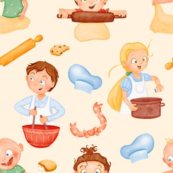 Seamless pattern. Happy funny cute kids are cooking lunch. The little helpers are making dinner. A friendly cozy family. children in the kitchen. Watercolor beige background Joyful characters.