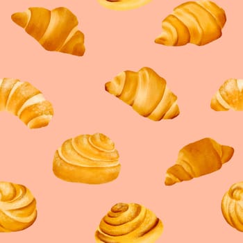 Seamless pattern tender, crispy, fragrant croissants with a tanned crust. The perfect French breakfast and snack at work. Good for a tea party. Isolated hand drawn digital watercolor pink background
