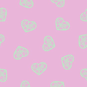 Hand Drawn Seamless Patterns with Hearts in Doodle Style. Romantic Love Digital Paper for Valentines Day. Colorful Hearts on Pastel Pale Pink Background.