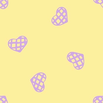 Hand Drawn Seamless Patterns with Hearts in Doodle Style. Romantic Love Digital Paper for Valentines Day. Colorful Hearts on Yellow Pastel Background.