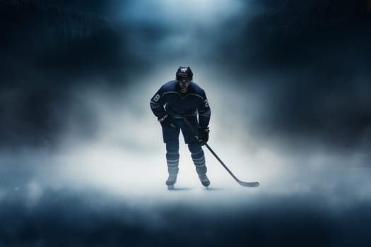 Ice hockey player on the ice around modern light. High quality photo