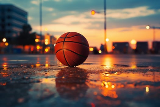 Basketball and a basket in an outdoor court with dramatic lightning. High quality photo