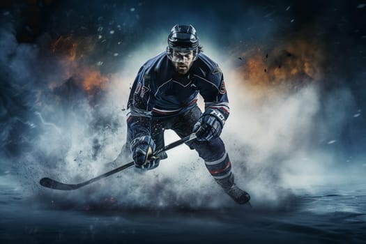 Ice hockey player on the ice around modern light. High quality photo