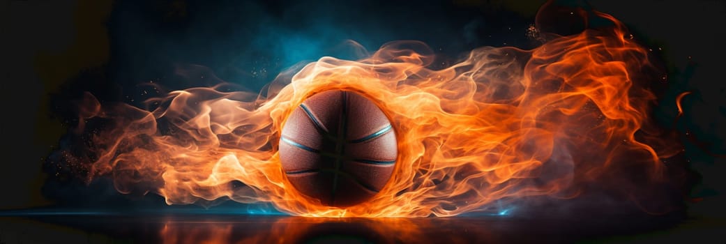basketball on fire in basketball court stadium with lights in the field shining. High quality photo