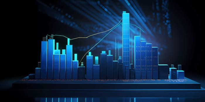 Humans hand shows on hi-tech cyber digital screen with financial graphs. Business analytics concept image