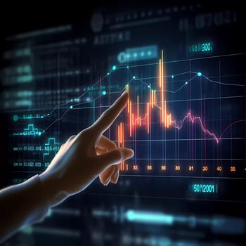 Humans hand shows on hi-tech cyber digital screen with financial graphs. Business analytics concept image