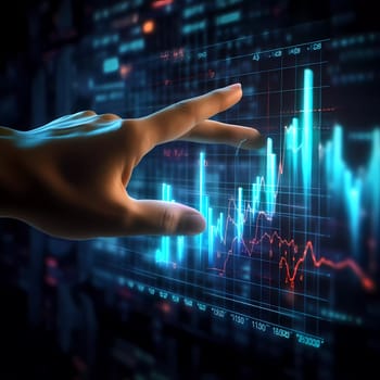 Humans hand shows on hi-tech cyber digital screen with financial graphs. Business analytics concept image