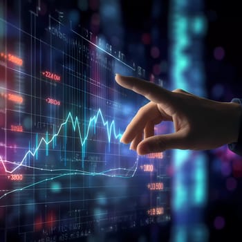 Humans hand shows on hi-tech cyber digital screen with financial graphs. Business analytics concept image