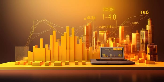 Humans hand shows on hi-tech cyber digital screen with financial graphs. Business analytics concept image