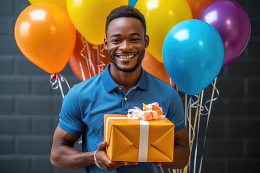 People, joy, fun and happiness concept. happy African American birthday man holding with gift box, balloons in the background. AI Generated