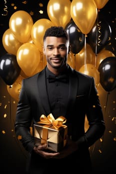 People, joy, fun and happiness concept. happy African American birthday man holding with gift box, gold and black balloons in the background. AI Generated