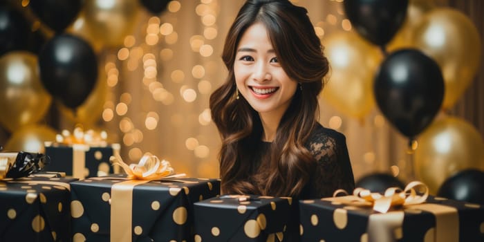 People, joy, fun and happiness concept. happy asian birthday woman holding with gift box, black and gold balloons in the background. AI Generated