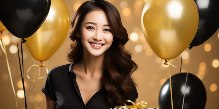 People, joy, fun and happiness concept. happy asian birthday woman holding with gift box, black and gold balloons in the background. AI Generated